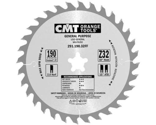 Пильный диск по дереву СМТ 190X20(Festool®FF)X2,6/1,610°10°ATBZ=32 [291.190.32FF]