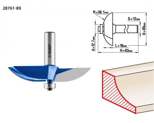 Фреза по дереву ЗУБР ПРОФЕССИОНАЛ 89x16мм, радиус 38.1мм, фигирейная №2 [28761-89]