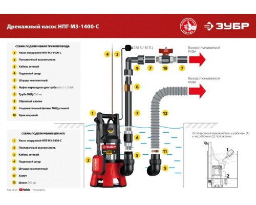 Насос дренажный ЗУБР НПГ-М3-1400-С