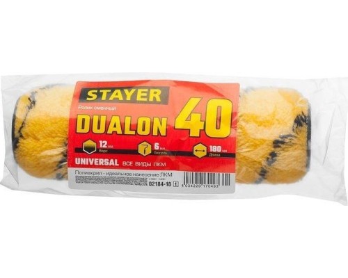 Валик малярный стержневой STAYER DUALON 40 180 мм, d=40 мм, ворс 12 мм, ручка d=6 мм, [02184-18_z01]