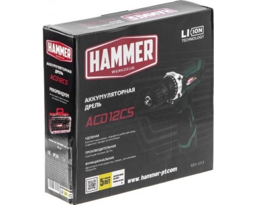 Дрель-шуруповерт аккумуляторная Hammer ACD12CS 2x1.5Ah Li-ion, 26Hм [101-117]