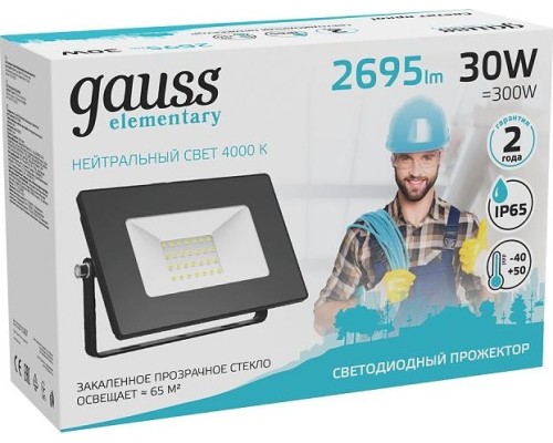 Прожектор GAUSS Elementary 30w 2695lm 4000к 200-240v ip65 черный led [613100230]