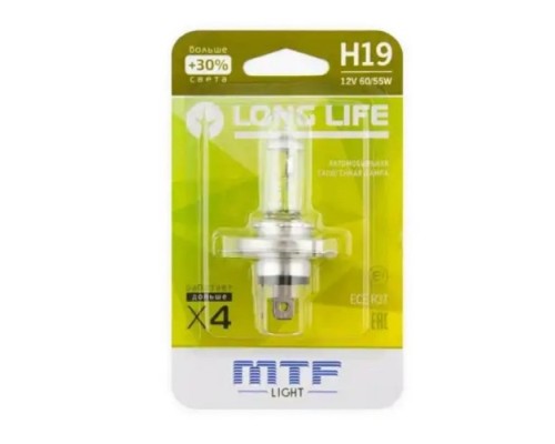 Лампа галогеновая MTF LIGHT H19 12V 60/55W LONG LIFE x4 блистер HLL1219b