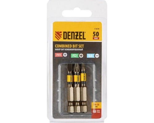 Набор бит DENZEL PH2, PZ2, SL5 комбинированный 3 шт., 50 мм, сталь s2 [11678]