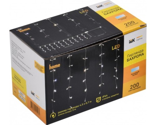 Гирлянда IEK LIGHTING бахрома 4,5х0,7м, 200 светодиодов, белый свет IP44 [LGDU301-2-200-L3-T-S-44]