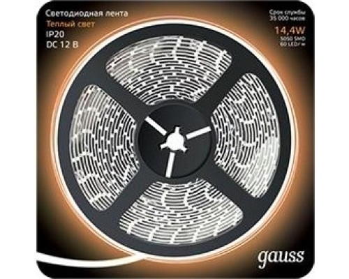 Лента светодиодная GAUSS LED 5050/60-smd 14.4w 12v dc теплый белый (блистер 5м) [312000114]