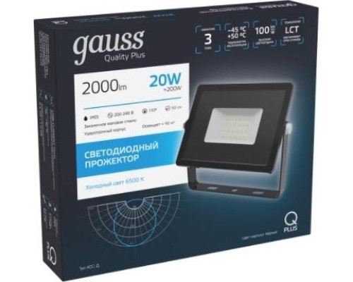 Прожектор GAUSS Qplus 20w 2000lm 6500k 200-240v ip65 черный led [613511320]