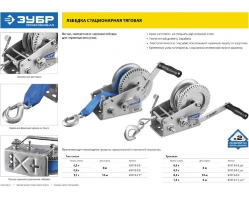Лебедка барабанная ЗУБР Профессионал тяговая, тросовая, 1,1т, 8м [43113-1.1_z01]