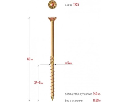 Конструкционные саморезы ЗУБР КС-П 60х5.0 мм, 140 шт., желтый цинк [30041-50-060]