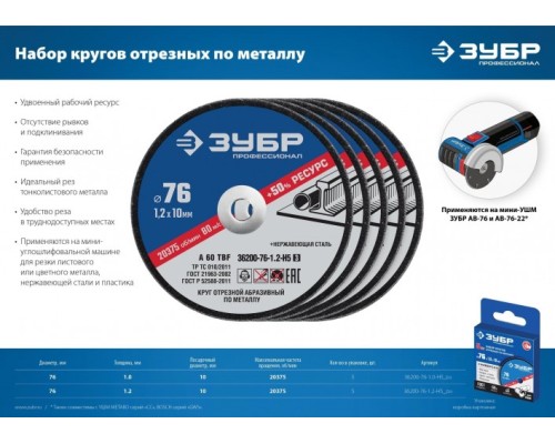 Отрезной круг по металлу ЗУБР X-2 76х1,0х10 мм, набор 5 шт. [36200-76-1.0-H5_z03]