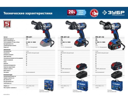 Дрель-шуруповерт аккумуляторная ЗУБР DB-201-22 бесщеточная
