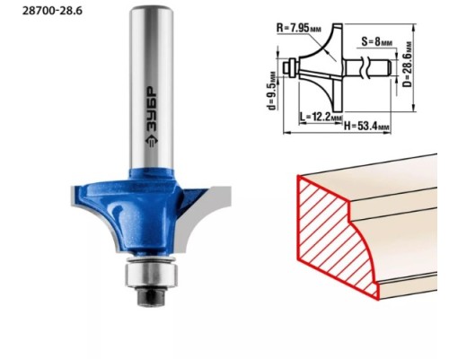 Фреза по дереву ЗУБР ПРОФЕССИОНАЛ 28,6x13мм, радиус 8мм, кромочная калевочная №1 [28700-28.6]
