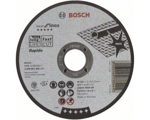 Отрезной круг по нержавеющей стали BOSCH 125х1,0х22 мм A60W41-BF Best for Inox - Rapido [2608603492]