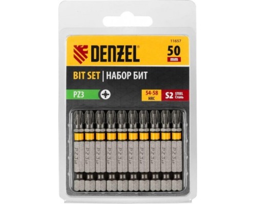 Набор бит DENZEL PZ3х50 сталь s2, шестигранный профиль, 10 шт. [11657]