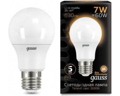 Лампа светодиодная GAUSS A60 a60 7w 680lm 3000k e27 led [102502107]