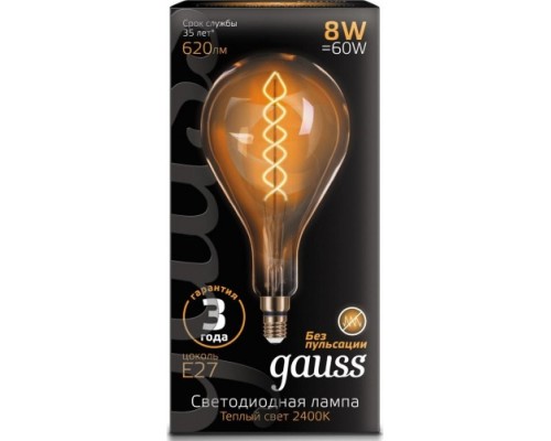 Лампа светодиодная GAUSS А160 filament 8w 620lm 2400к е27 golden flexible led [150802008]