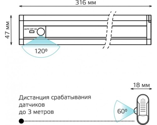 Светильник сенсорный GAUSS Sensor 3,5w 316х47х18, 200лм (линейный, белый) многофункциональный автономный [CL004]