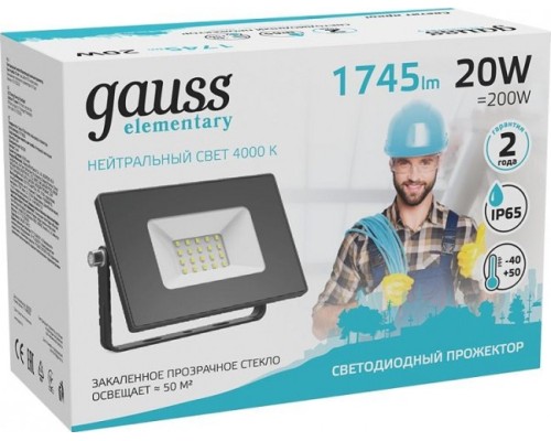 Прожектор GAUSS Elementary 20w 1745lm 4000к 200-240v ip65 черный led [613100220]