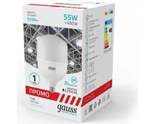 Лампа светодиодная GAUSS Т160 elementary 55w 5250lm 6500k e27/e40 promo led [60436]