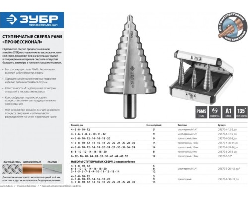 Сверло по металлу ЗУБР ПРОФЕССИОНАЛ 3 шт., 4-30мм, набор ступенчатых сталь р6м5 [29670-4-30-H3_z01]