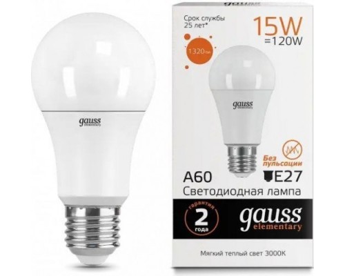 Лампа светодиодная GAUSS A60 elementary a60 15w 1320lm 3000k e27 led [23215]