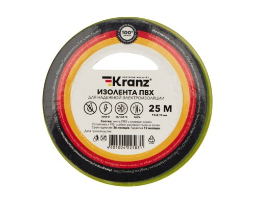 Изолента Kranz KR-09-2207 ПВХ 19 мм х25 м, желто-зеленая