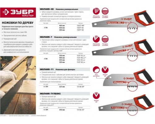 Ножовка по дереву ЗУБР МОЛНИЯ 350 мм, 11 tpi [15156-35_z01]