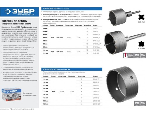 Коронка буровая ЗУБР ПРОФЕССИОНАЛ по бетону с державкой sds-max, 125 мм [2918-125]