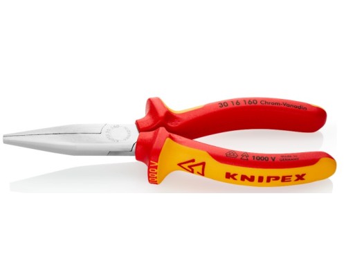 Длинногубцы KNIPEX KN-3016160SB VDE, плоские рифленные губки 46.5 мм, длина 160 мм