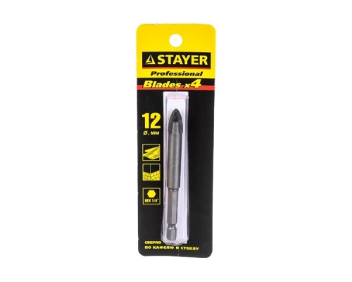 Сверло по стеклу и керамике STAYER 12 х 95мм PROFI 4х кромка, HEX 1/4 2985-12_z01