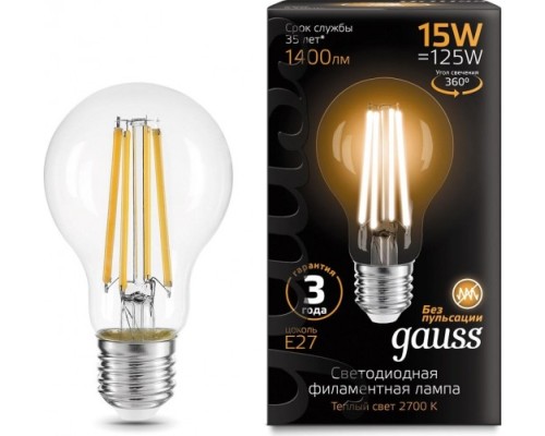 Лампа светодиодная GAUSS A60 filament а60 15w 1400lm 2700к е27 led [102902115]