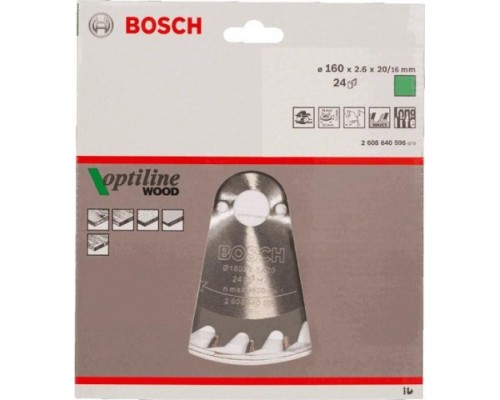 Пильный диск по дереву BOSCH Standard 160Х20 24 OPTILINE WOOD [2608640596]