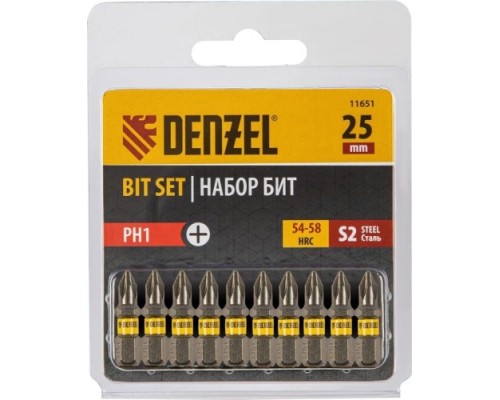 Набор бит DENZEL PH1х25 сталь s2, шестигранный профиль, 10 шт. [11651]