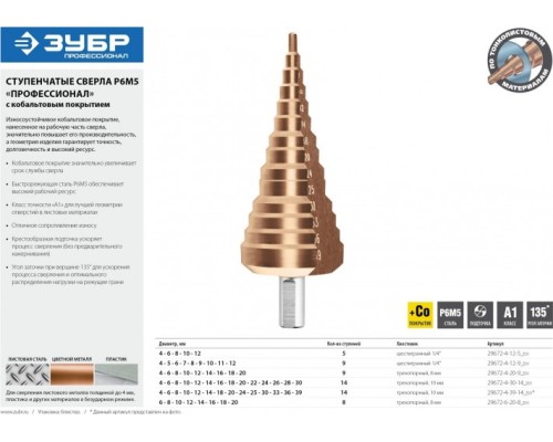 Сверло по металлу ЗУБР ПРОФЕССИОНАЛ кобальт 4-20мм, 9 ступеней, ступенчатое, кобальтов [29672-4-20-9_z01]