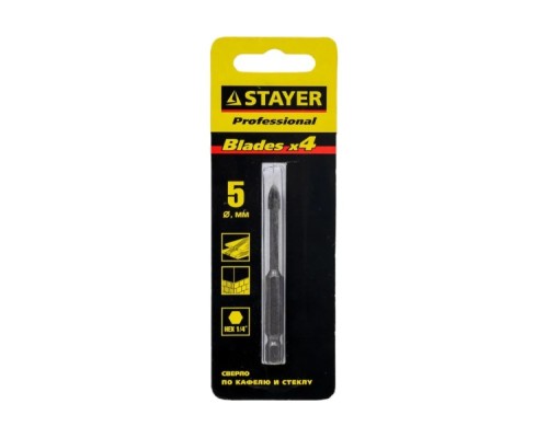 Сверло по стеклу и керамике STAYER 5 х 70мм PROFI 4х кромка, HEX 1/4 2985-05_z01