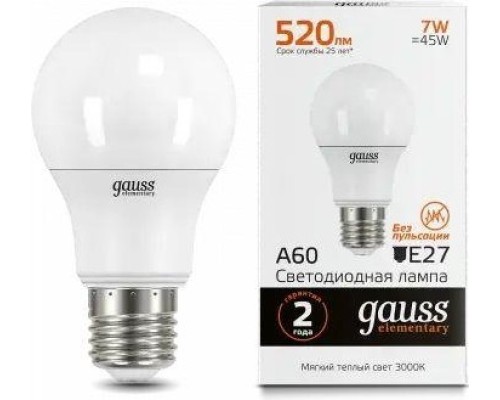 Лампа светодиодная GAUSS A60 elementary a60 7w 520lm 3000k e27 led [23217A]