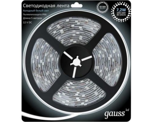 Лента светодиодная GAUSS LED 5050/30-smd 7.2w 12v dc холодный белый ip66 (блист [311000307]