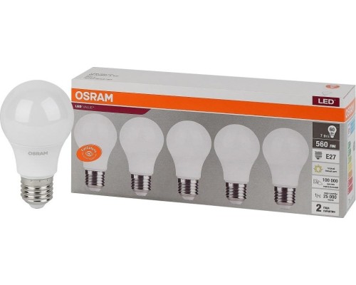 Лампа светодиодная OSRAM LED VALUE cla60 7sw/830 230v e27 (уп 5 шт) [4058075577626]