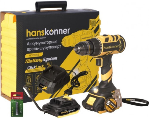 Дрель-шуруповерт аккумуляторная HANSKONNER HCD1865BL