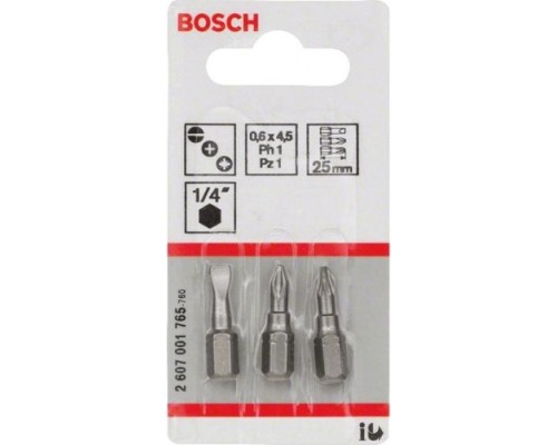 Бита для заворачивания BOSCH Extra Hard 25 мм S0.6х4.5/PH1/PZ1 3шт [2607001765]