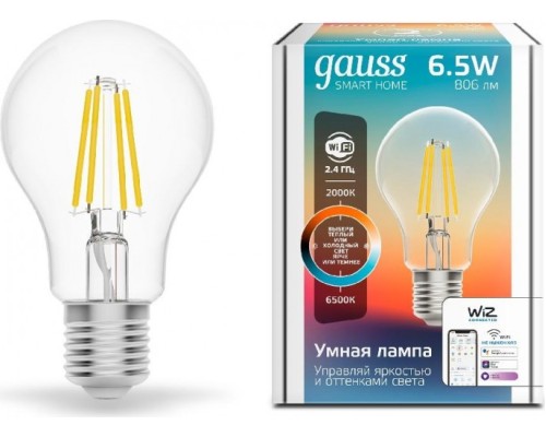 Лампа светодиодная GAUSS Smart home filament а60 6,5w 806lm 2000-6500к e27 [1220112]