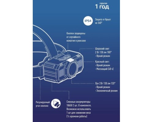 Фонарь налобный КОСМОС KOC506Lit аккумуляторный, 2 Bт + 2 Bт SMD + красный свет