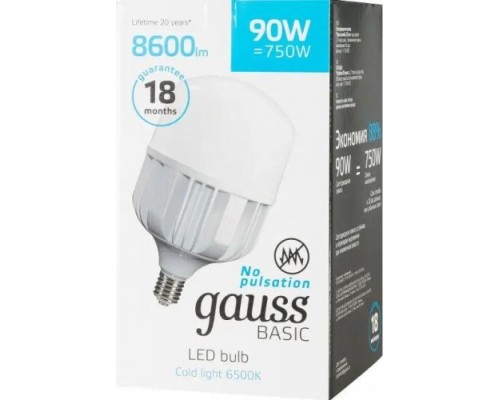 Лампа светодиодная GAUSS T100 S2 basic t160 ac180-240v 90w 8600lm 6500k e40 [11734392]