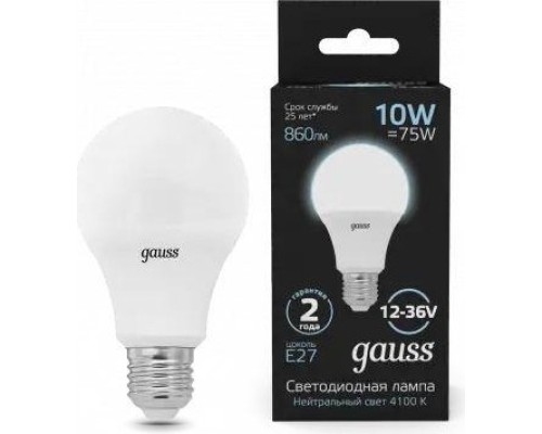 Лампа светодиодная GAUSS A60 ac12-36v 10w 860lm 4100k e27 led [202502210]