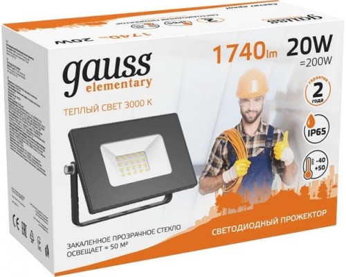 Прожектор GAUSS Elementary 20w 1740lm 3000к 200-240v ip65 черный led [613527120]