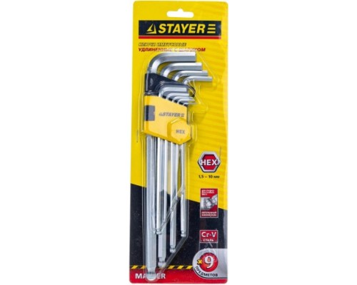Набор ключей шестигранных STAYER HEX 1,5-10 длинные с шариком, 9 пр. [2741-H9-2]
