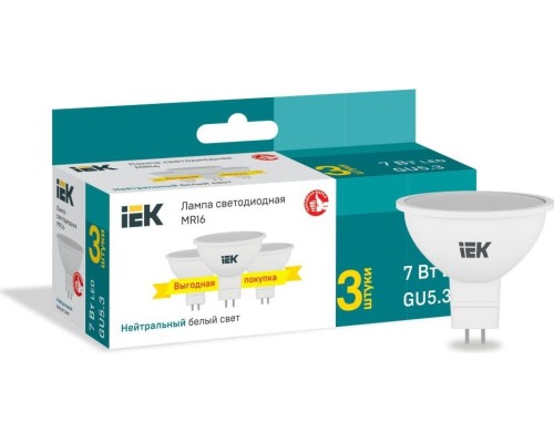 Лампа светодиодная IEK MR16 7вт софит 4000к gu5.3 230в (уп.3шт) [LLE-MR16-07-230-40-GU5-3]