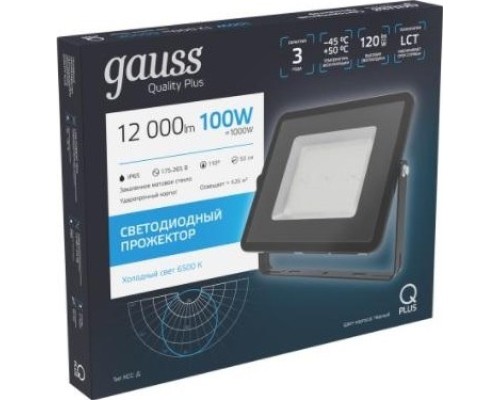 Прожектор GAUSS Qplus 100w 12000lm 6500k 175-265v ip65 черный led [613511100]