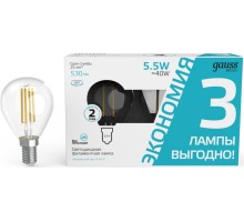 Лампа светодиодная GAUSS Basic Filament Шар 5,5W 530lm 4100К Е14 LED (3 лампы в упаковке) [1051126T]