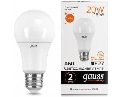 Лампа светодиодная GAUSS A60 elementary a60 20w 1520lm 3000k e27 led [23219]